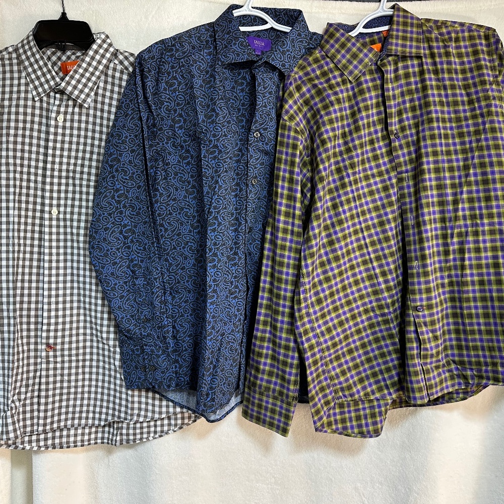 Tallia Men's Shirt Lot of 3 Large 16.5 Plaid Flip Cuff Long Sleeve Button Up
